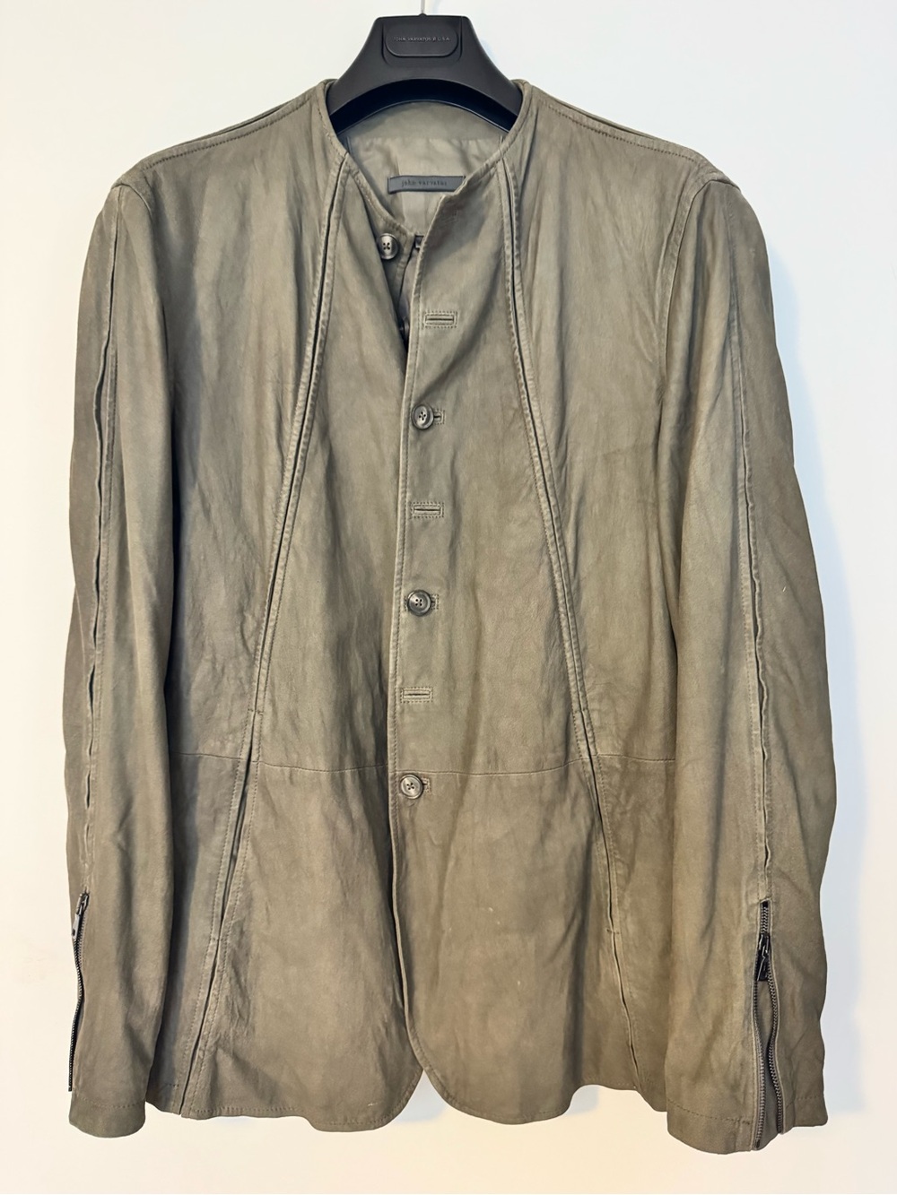John Varvatos Olive Green Leather Shirt Jacket - Button Front